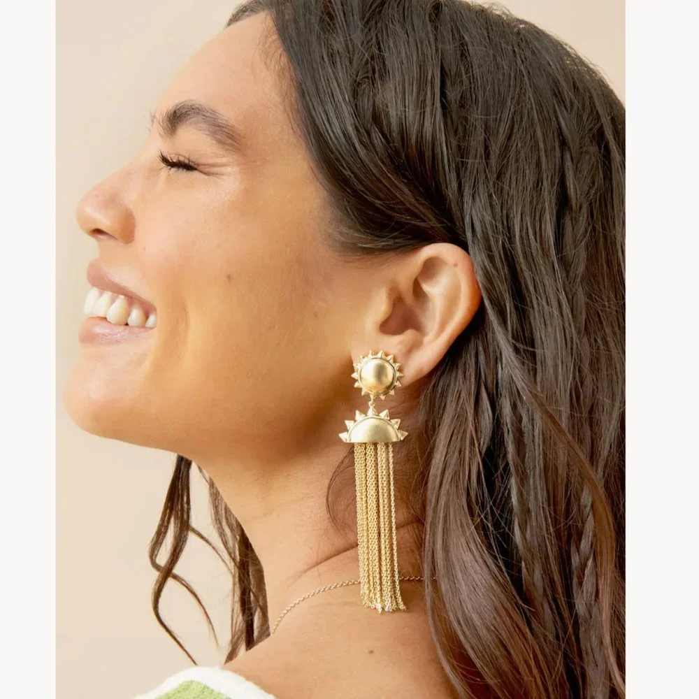 NWT Kendra Scott 14K Gold Plated Sun Earrings with Chain Tassles - Picture 2 of 14